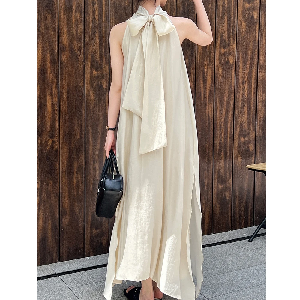 2025 New Arrival bez rękawów Halter Neck kobiety lato luźny styl linia A długa sukienka Boho elegancka sukienka Maxi Vestidos ubrania