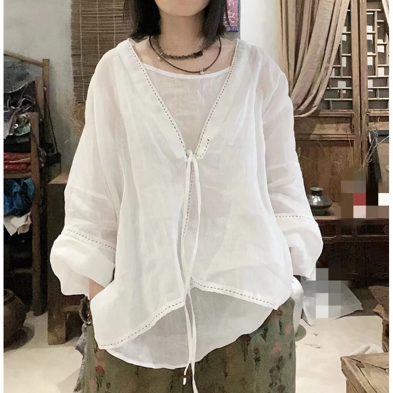 Oversized Korea New Chic Spring Summer Women Ramie Sunscreen Shirt Ladies Womens Big Size Cardigan Casual Loose White Shirt Tops