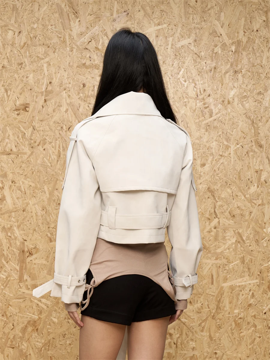 American Retro Sle ort Leather Jaet Women's Double Row Button Slim Fit Design Spring 2026 Faion Outerwear