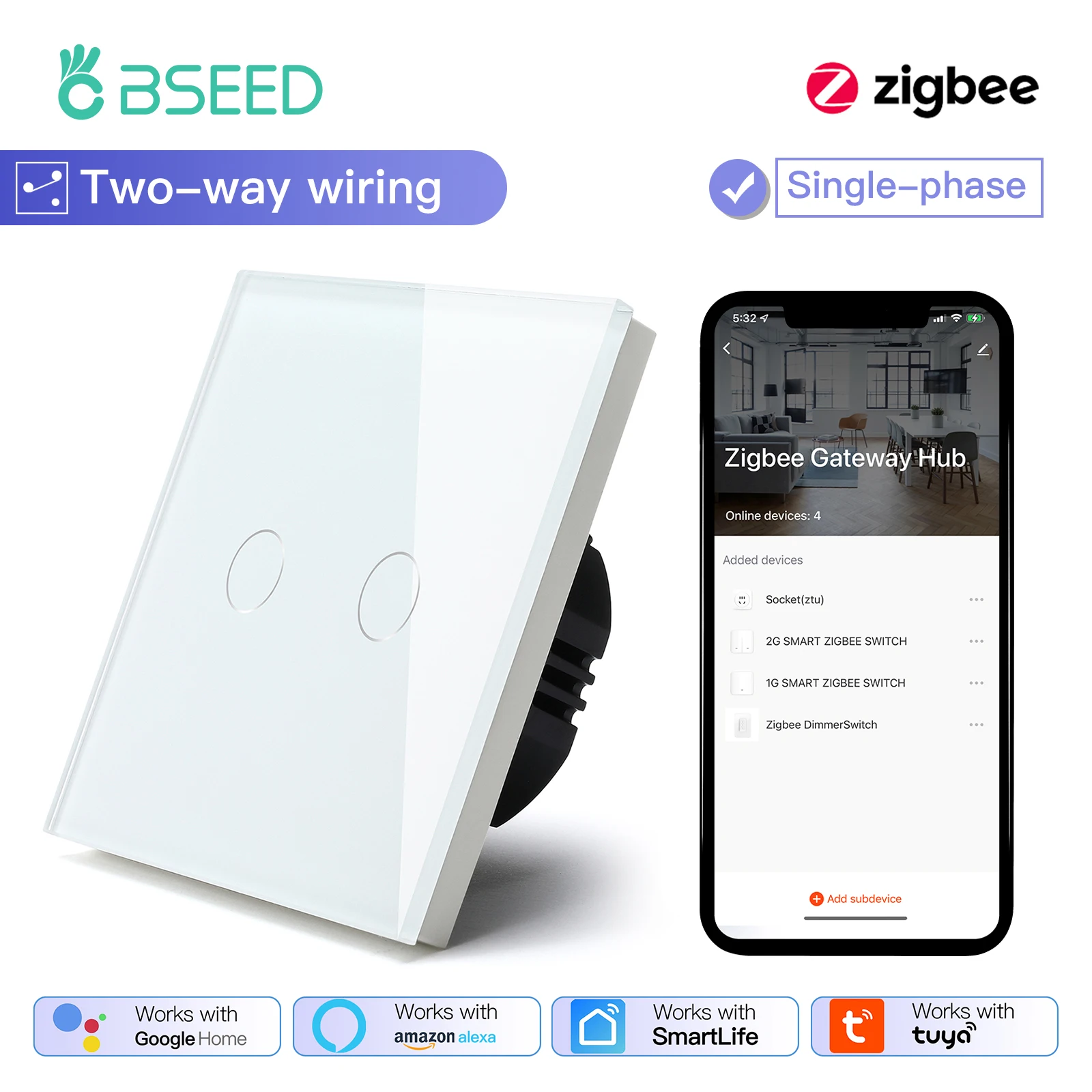 BSEED 1/2/3Gang Smart Zigbee Touch Light Switch 2-Way Control Compatible with Alexa/Google Home No Neutral Wire Touch Switch image 3