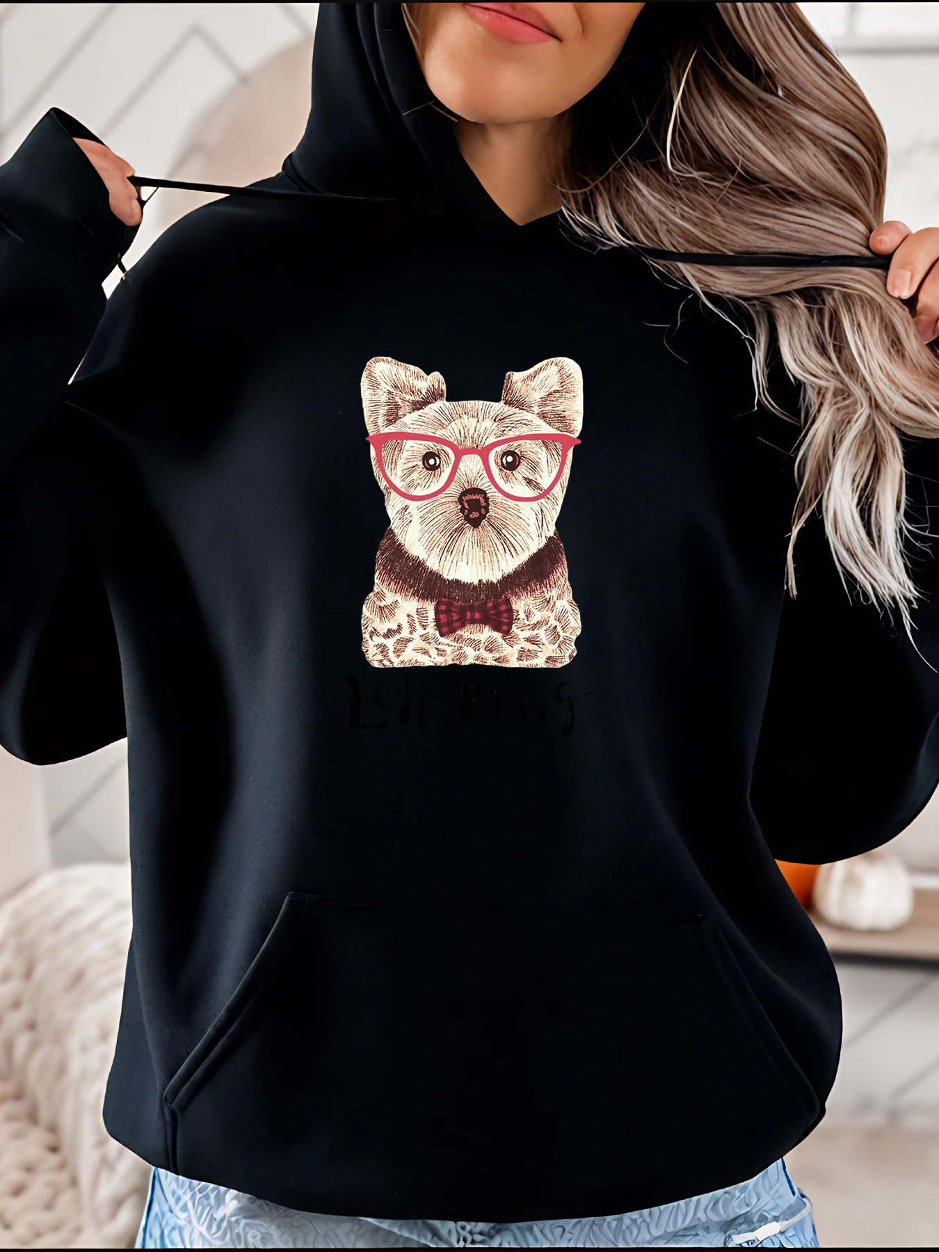 

Толстовка с милой собакой и очками с принтом, повседневная модная женская толстовка, осенне-зимняя верхняя одежда 280