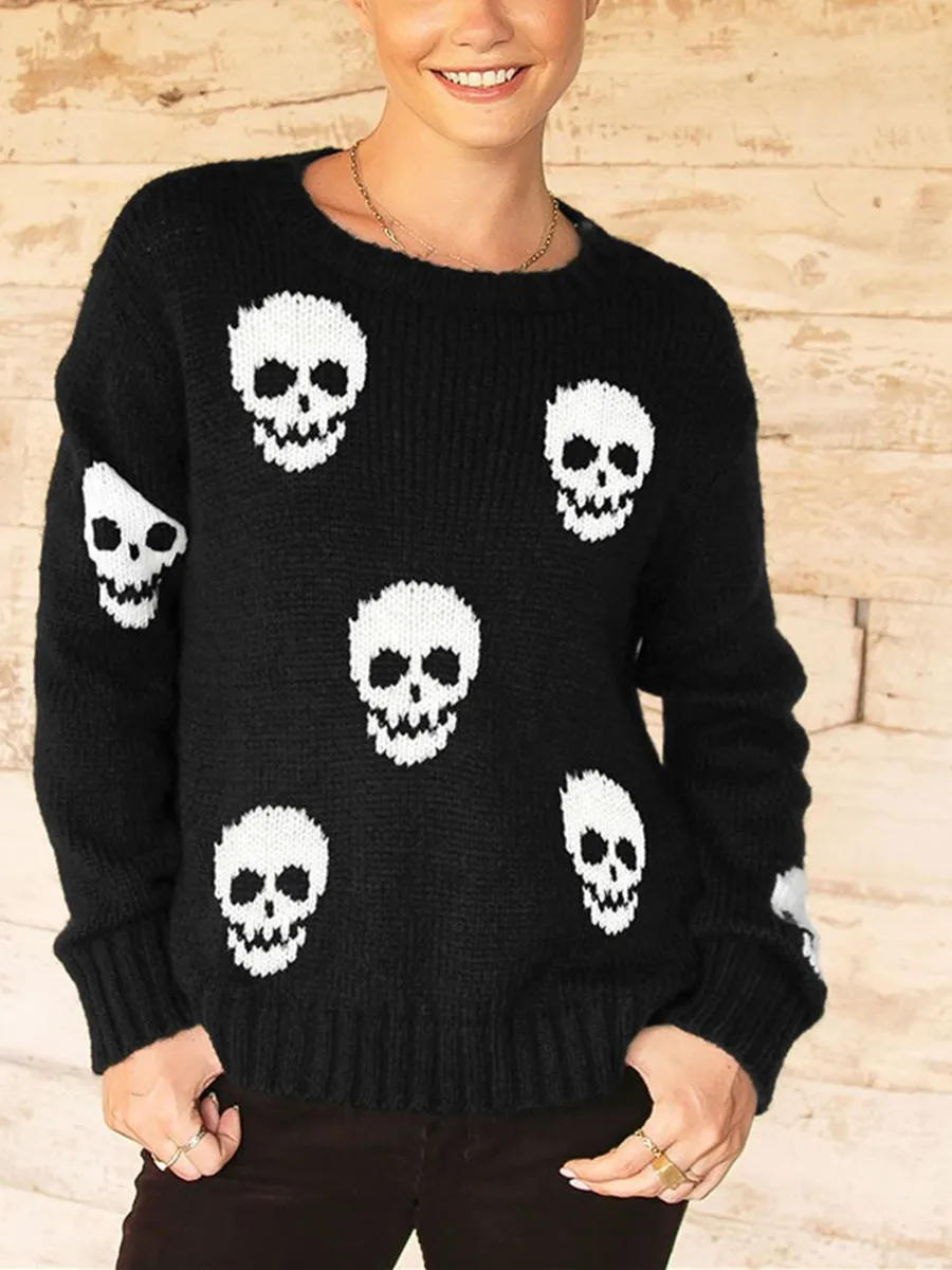 Spooktacular Style Halloween Sweater Autumn Skull Print Crew Neck Long Sleeve Pullovers Tops Trick-or-treating Fall Knitwear Y2K