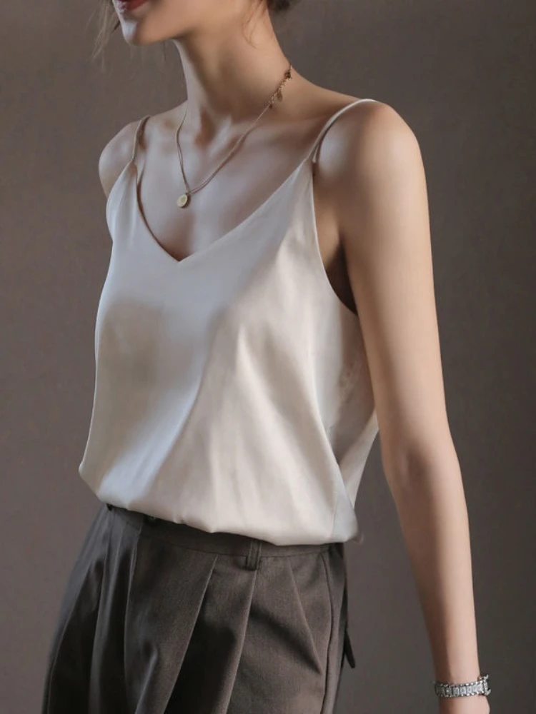Women Halter V Neck Basic White Cami Spaghetti Strap Top Sleeveless Satin Silk 2026 Tank Tops Women'S Summer Camisole image 5