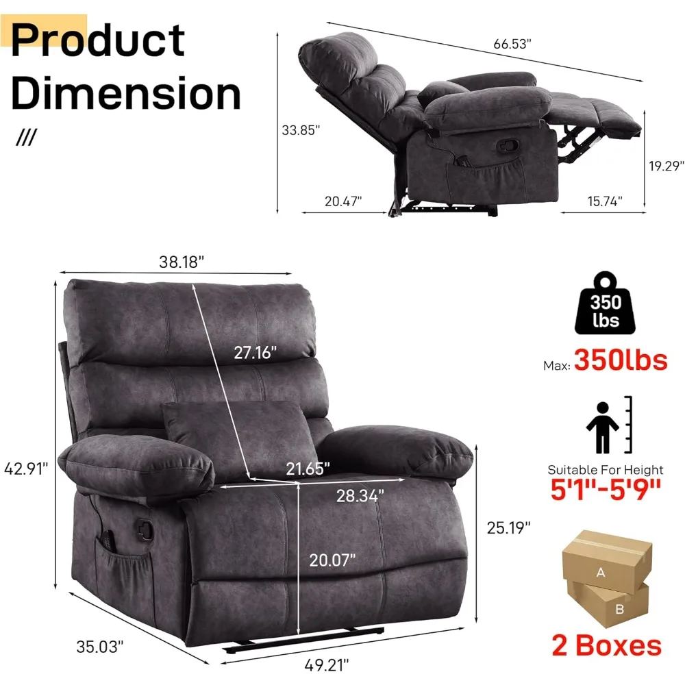 Plus Size 28-inch Large Wide Seat Manual Fleece Recliner with Pockets, Lumbar Pillow, Living Room Recliner
