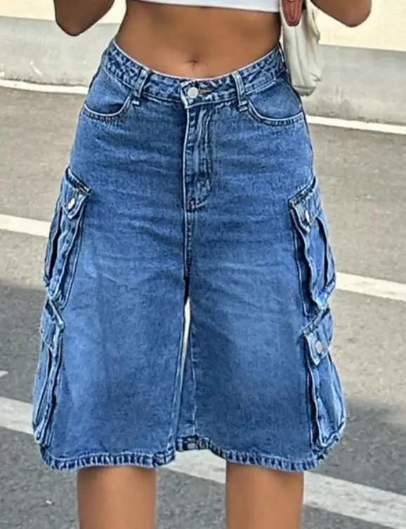 여성용 멀티 포켓 작업복 스트레이트 레그 진, 하이 웨이스트, 루즈하고 다용도, 다섯 포인트 숏 및 와이드 레그 팬츠