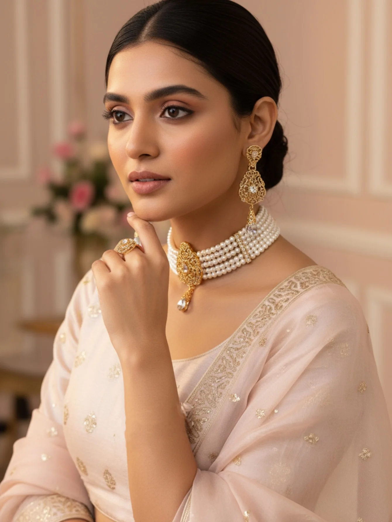 Moroccan Pearl Choker Jewelry Set Gold Filigree Teardrop Crystal Necklace Earrings Women Wedding Caftan Party Jewellery