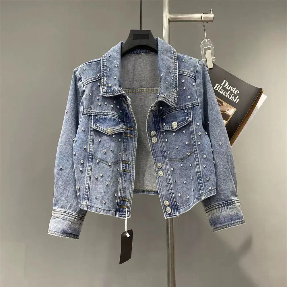 

Корейское коровьее пальто, новинка 2025, темпераментное пальто с яркими бусинами, осенняя модная трендовая джинсовая куртка для женщин