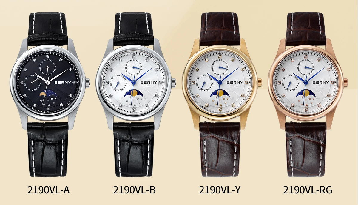 BERNY Damenuhren, Kalender, Datum, Woche, echte Mondphase, Quarz, Damenuhr, Lederarmband, elegante, lässige Damen- und Mädchen-Armbanduhr – Detail 11