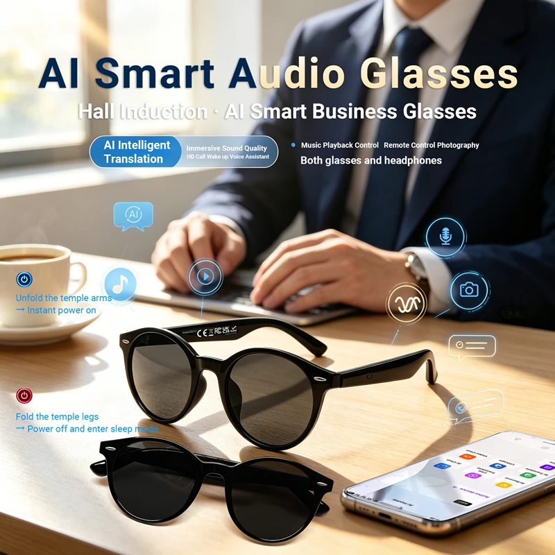 GM81 Bluetooth Headphones AI Glasses with a Metal Spring Hinge Design for Music Making Calls Switch On and Off Automatically