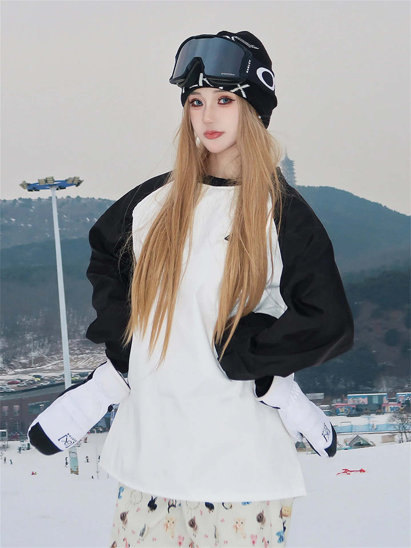 

American Sle Fce Lined Hoodie Snowy Cartoon Print Men Women Cute Outdoor Waterproof Skiing Suit Set Long Sve Long Pants