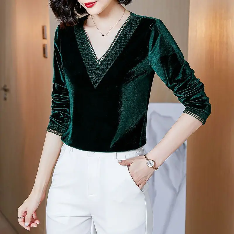 Golden Velvet V-Neck Top Autumn/Winter New T-shirt Fashion Solid Color Long Sleeve Bottoming Shirt M-4XL