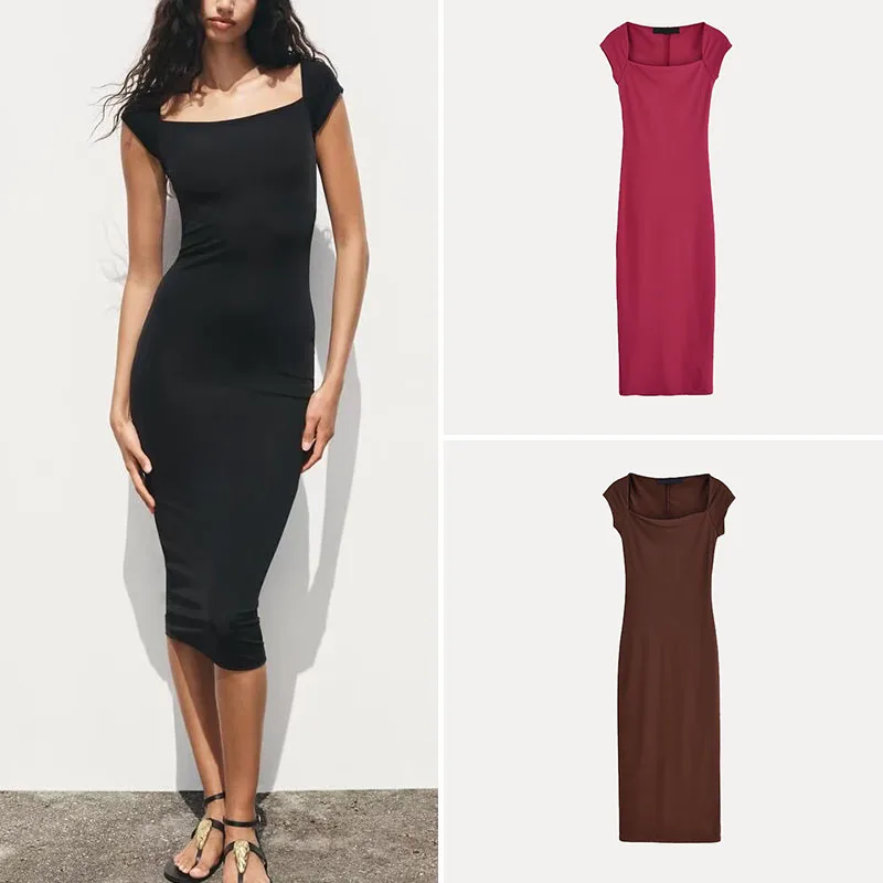 

Spring 2025 New Women's Fashion Dress Square Collar Sleeveless Draped Shoulder Elegant Street Style Polyester Fiber 100%