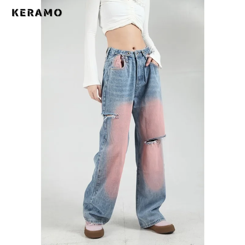 

2023 Autumn Grunge Harajuku Y2K Loose Jeans Hollow Out Blue Pants Women's Wide Leg High Waist Baggy Ripped Denim Trouser