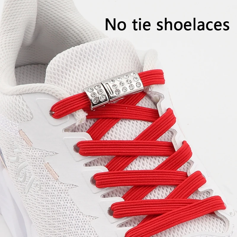 Luxury Diamond Magnetic Lock Shoe Accessories Decoration Elastic Laces Sneakers Kids Adult No Tie Shoelaces 8MM Width Flat Lace