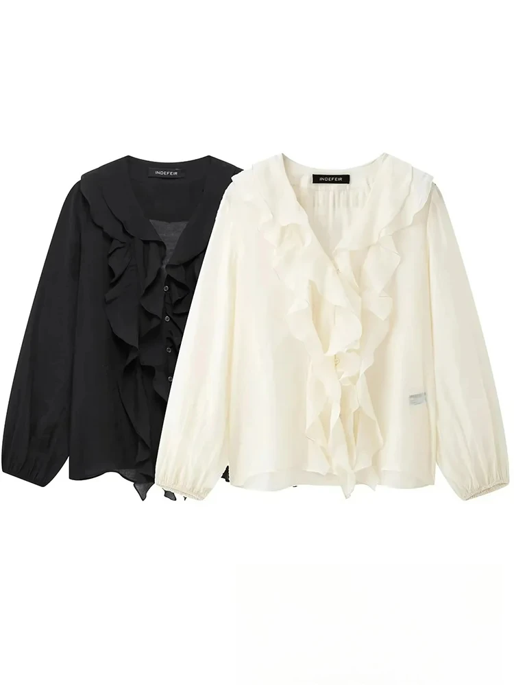 

KONDALA Повседневная шикарная женская блузка, однотонная многоуровневая блузка с v-образным вырезом и длинными рукавами на пуговицах, мода 202, весна-лето, офисные женские рубашки