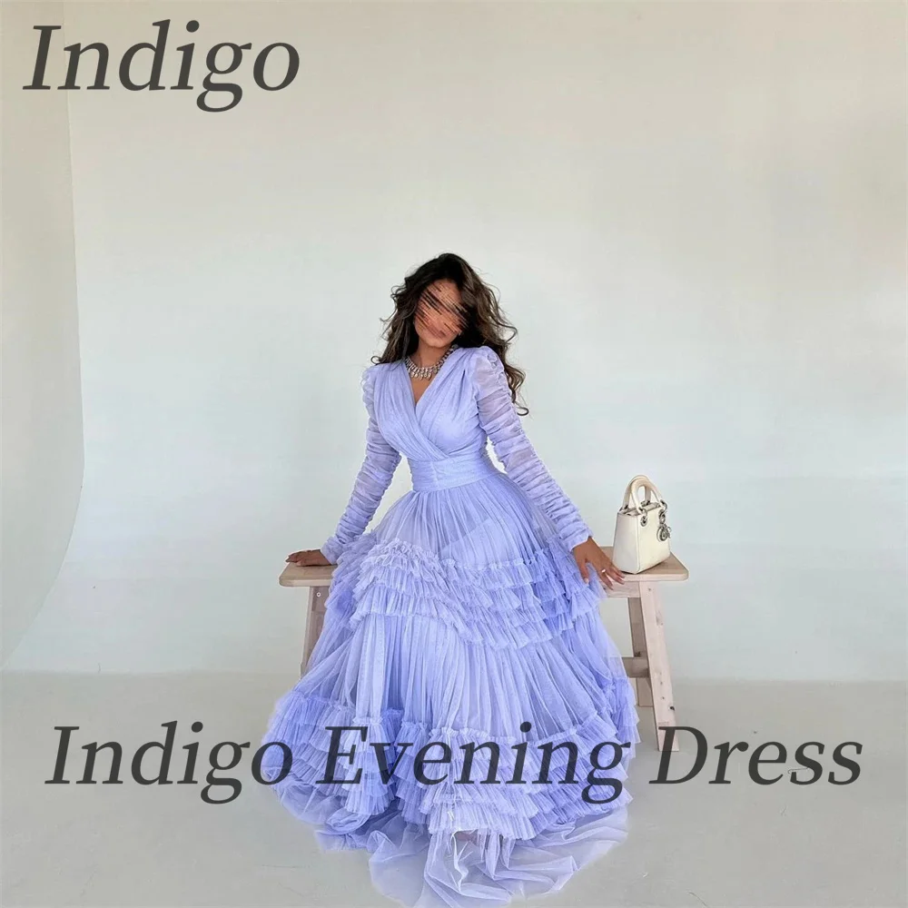 Indigo Tulle Prom Dresses V Neck Long Sleeves  Floor-Length A Line Women Formal Party Elegant Gown 2024 vestidos de gala