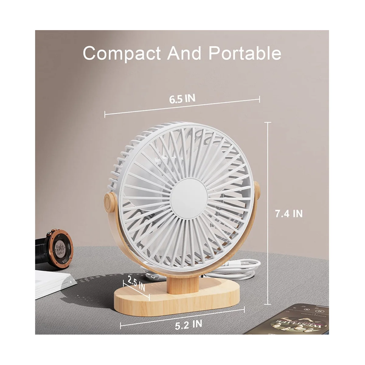 Ventilatore da tavolo USB da 6.5 pollici 3 velocità ventilatore da tavolo portatile silenzioso regolazione a 360 ° Mini ventilatore personale per l'home Office bianco