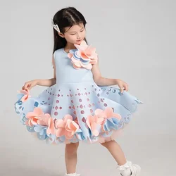 Kids Christmas Dresses Appliques Sleeveless Hollow-Out Design Brithday Party Princess Girls Costume Set Dress A4177 Vestidos