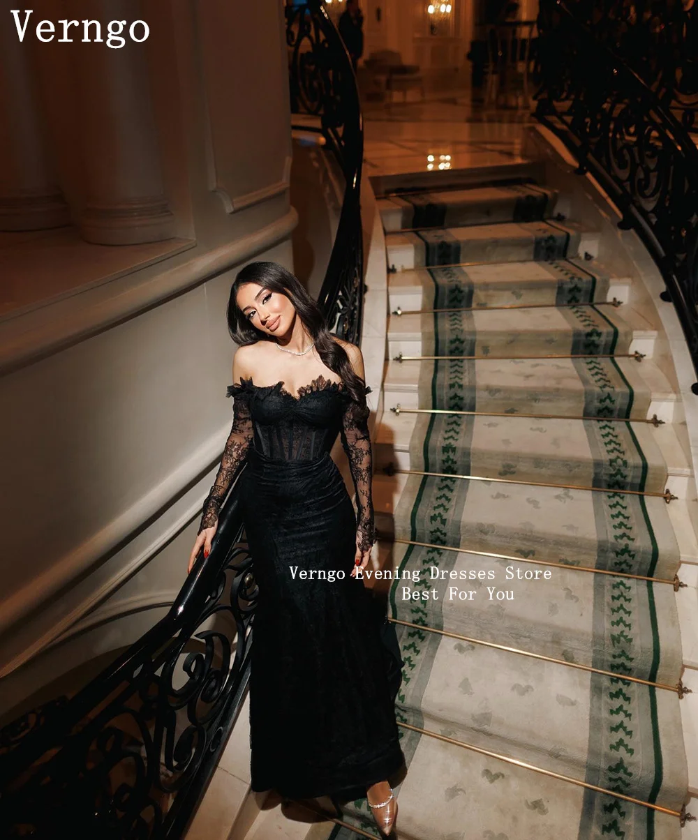 Verngo Black Tulle Evening Dress Off The Shoulder Mermaid Prom Gown Long Sleeves Elegant Formal Arabic Eid Prom Dress Customized