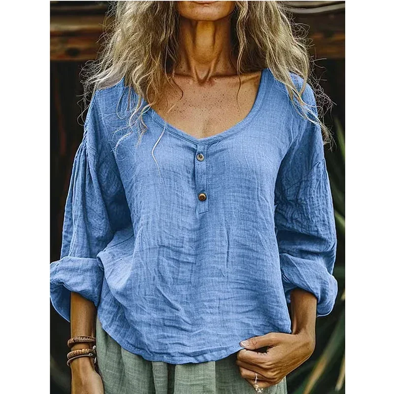 새로운 긴 소매 블라우스 여성 캐주얼 솔리드 컬러 셔츠 여성용 버튼 셔츠 여성 탑 여성 루즈 풀오버