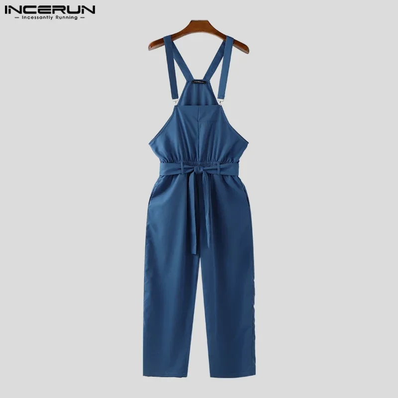 

INCERUN Men Jumpsuits Solid Color Sleeveless Straps Rompers Men Streetwear Lace Up 2025 Fashion Casual Male Suspender Overalls