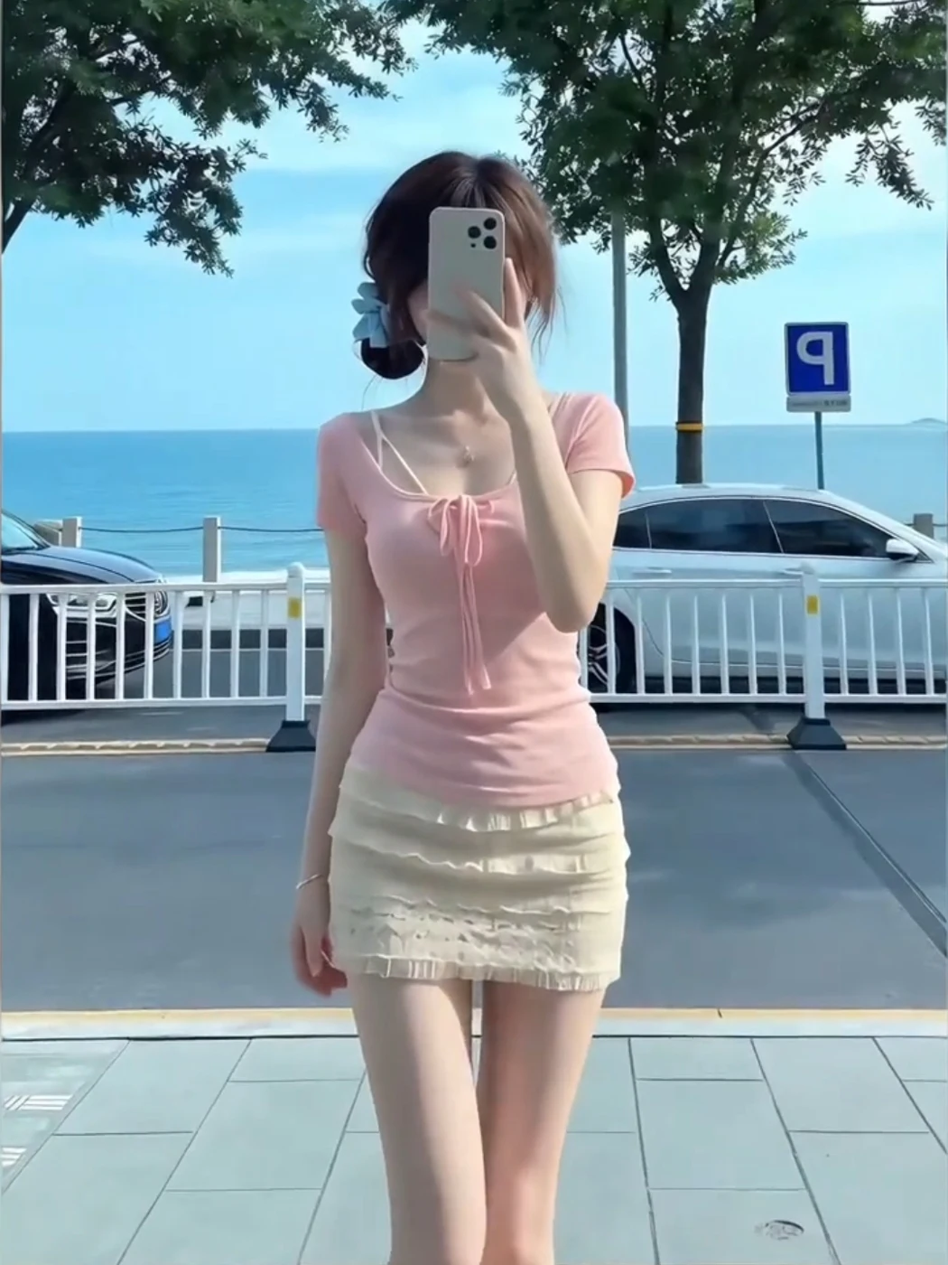 

Summer New Sweet Slimming Lace Short Sleeve T-Shirt And High Waist Skirt Two Piece Set Women's Fashionable Spicy Girl Style