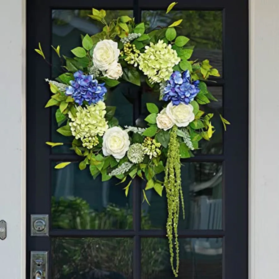 

Spring Summer Wreaths for Front Door 24 Inch Summer Wreath with Hydrangea, Rose Peony Floral Spring Door Wreath with Lush Green