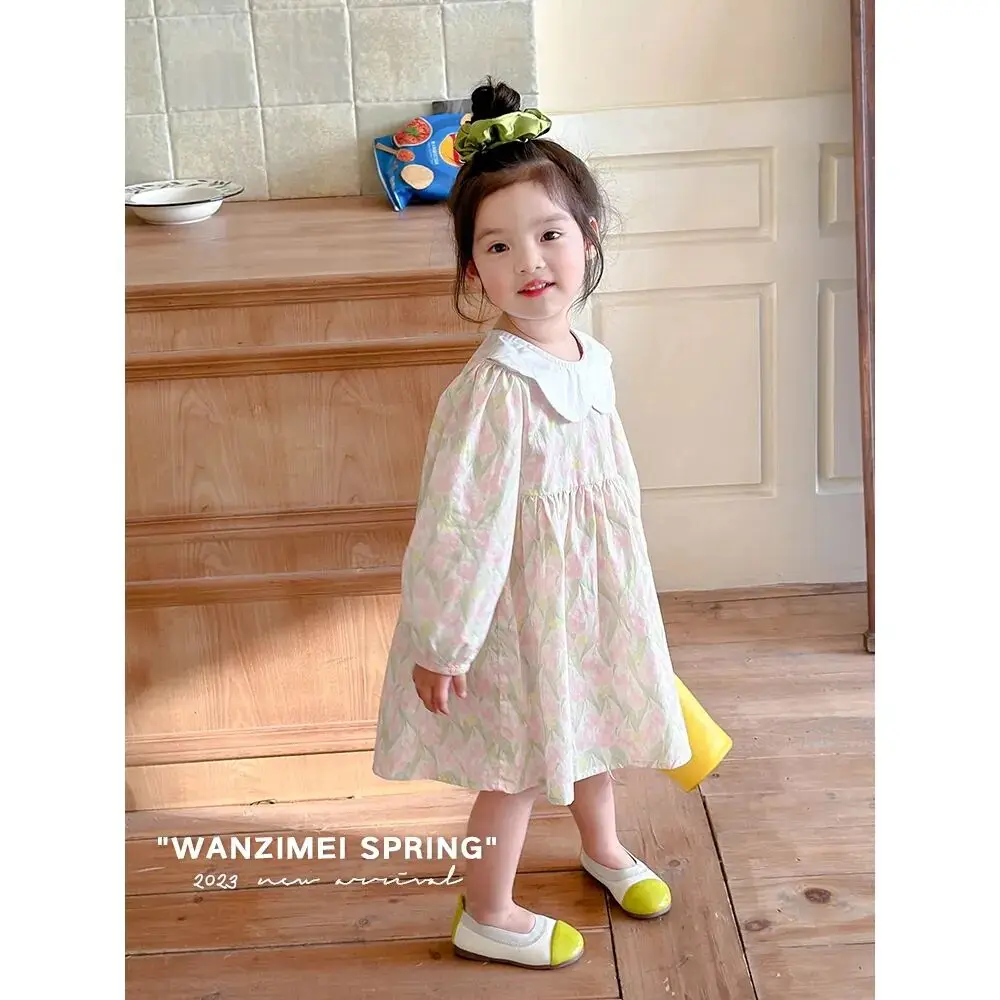 

Children's cotton lace collar floral dress new style baby girl long sleeved dress princess dress spring autumn