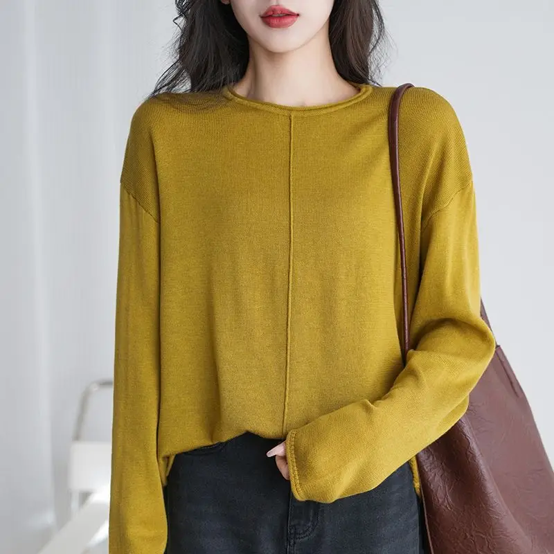 T-shirt à manches longues et col rond pour femme, pull polyvalent en fil de coton pur, nouvelle chemise de Base, haut ample, printemps et automne