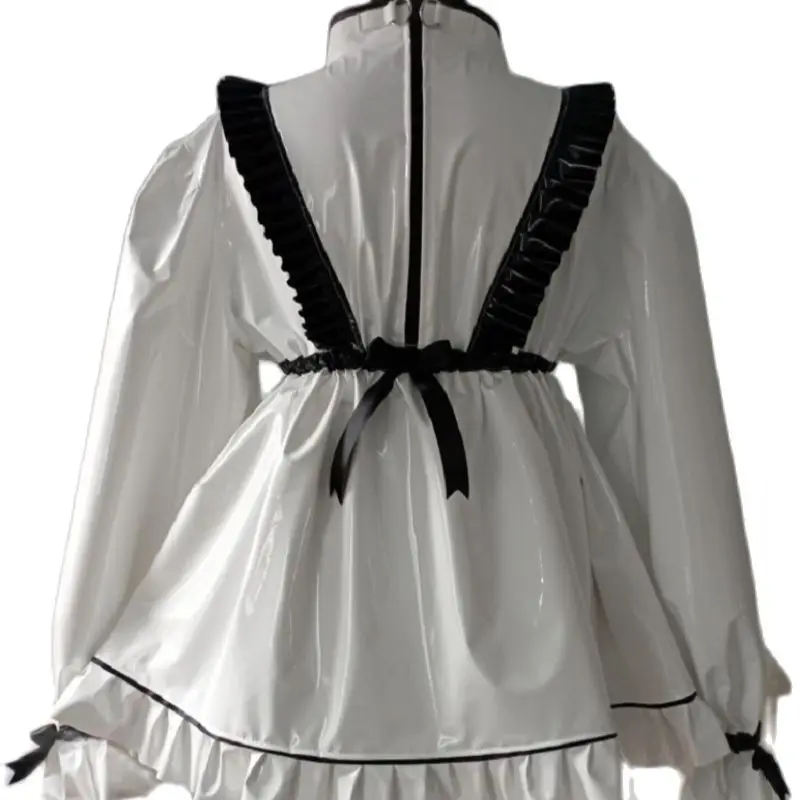 Hot Selling Black and White PVC Artificial Leather Pleated Bow Tie Sexy Collar Long Sleeved Dress Set Costume Party Dress