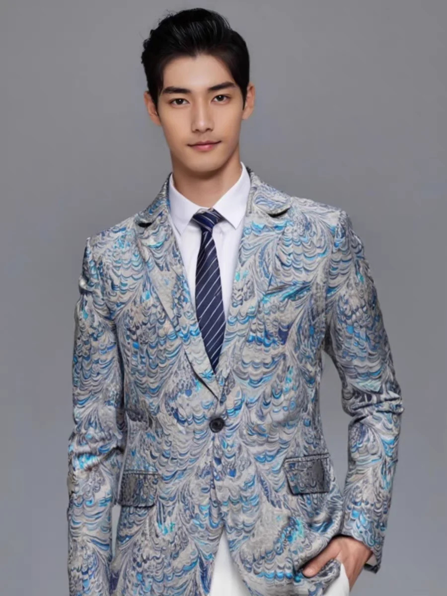 

Peacock Tail Jacquard Casual Suit Chorus Performance Costume Stage Evening Host Guest Male Singer Wedding Ceremonial Clothing