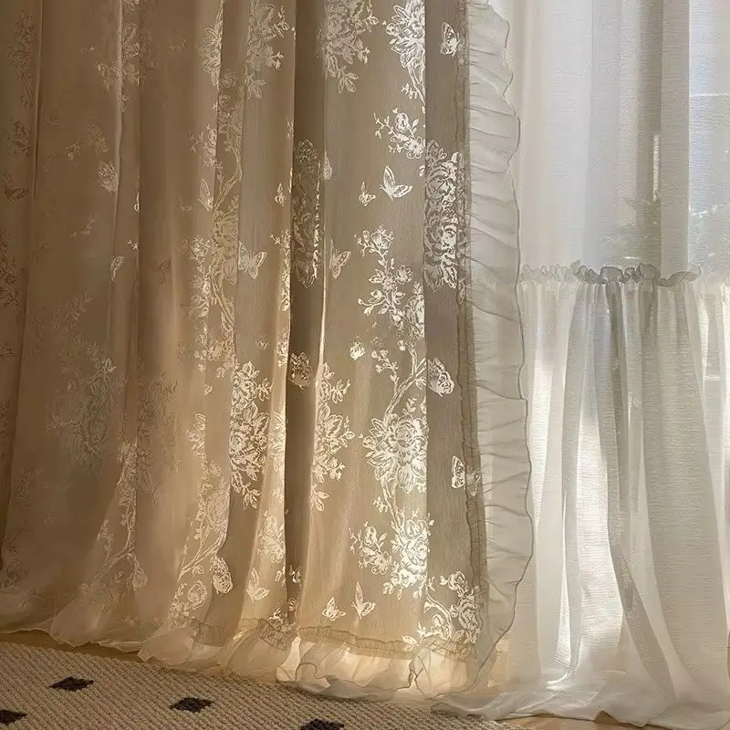 

Luxury French Butterfly Gauze Beige Retro Light and Shadow Skirt Floor-length Elegant Curtains for Living Dining Room Bedroom