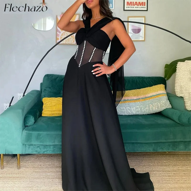 Flechazo-Vestidos de Noche Sin mangas para mujer, ropa de ilusión con cuentas, línea A, Formal, Simple, color negro, 2024