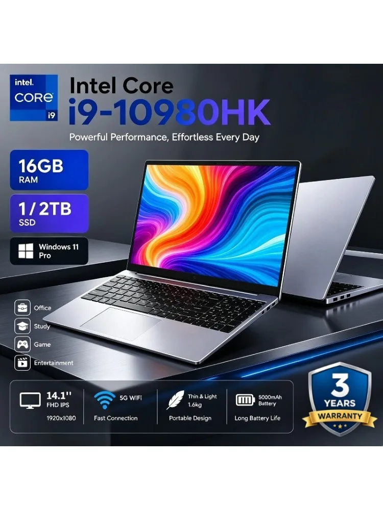 NOWY laptop z procesorem Intel Core i9-10980HK, ekran 14,1 cala, 16 GB pamięci RAM, dysk SSD o pojemności 1 TB lub 2 TB, przenośny laptop do gier, system Windows 11, komputer stacjonarny z pakietem — 2