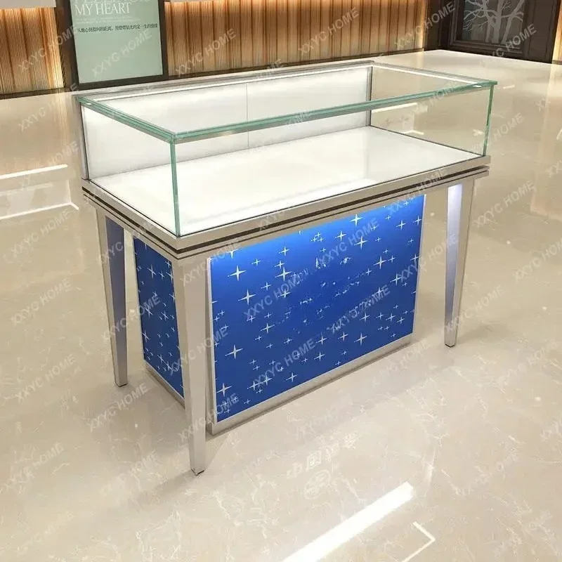 A New Jewelry Display Cabinet Jade Display Cabinet Engraved Pattern Glass Counter Modern Jewelry Display Cabinet