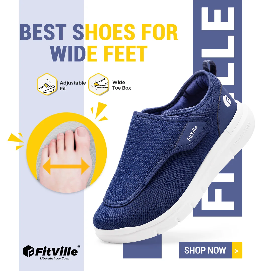 FitVille Extra Wide Men's Diabetic Shoes for Elder Orthopedics Feet Swollen Adjustable Walking Shoe Elderly Foot Pain Relief