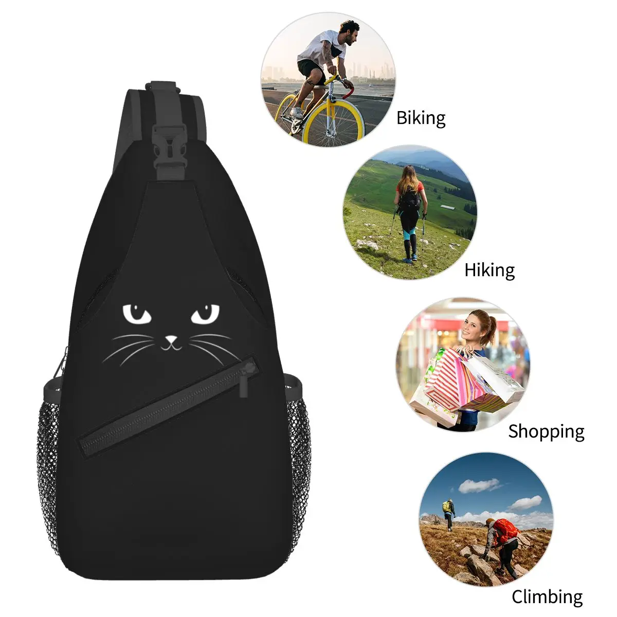 لطيف القطة السوداء حقيبة الصدر الرجال حبال Crossbody على ظهره حقيبة صدر للرجال السفر المشي لمسافات طويلة Daypack حقيبة الكتف
