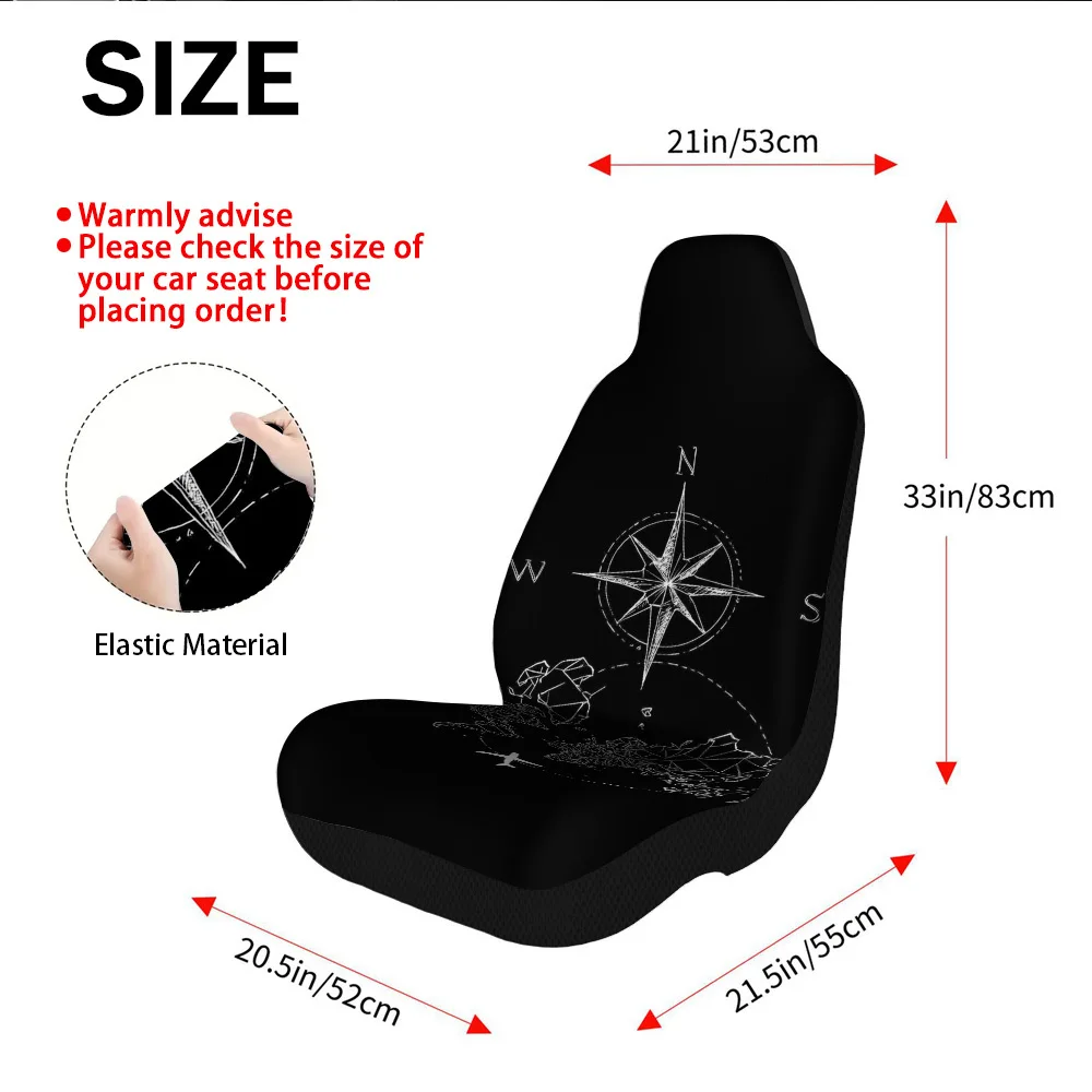 2pcs World Map Compass Style Car Seat Covers | Foldable, Easy To Install, Universal Fit, Polyester Fiber, Machine Washable, Perf