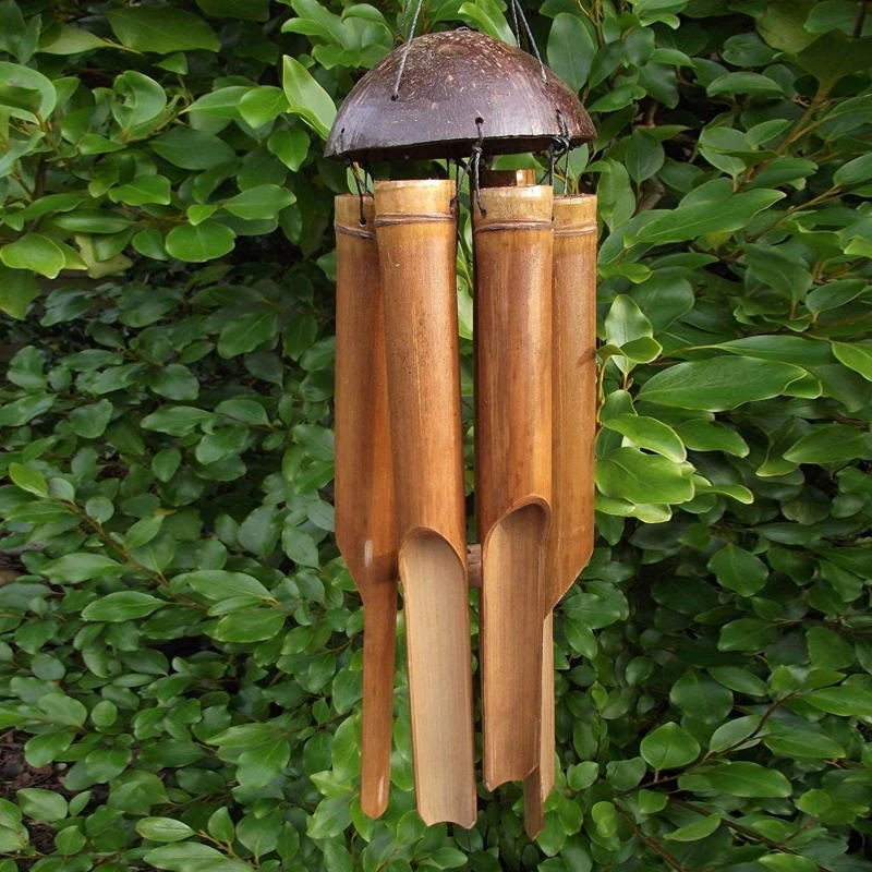 Campanelli eolici in bambù con guscio di cocco naturale a cinque tubi ornamenti pastorali ornamenti per porte regali artigianali in bambù e legno fatti a mano