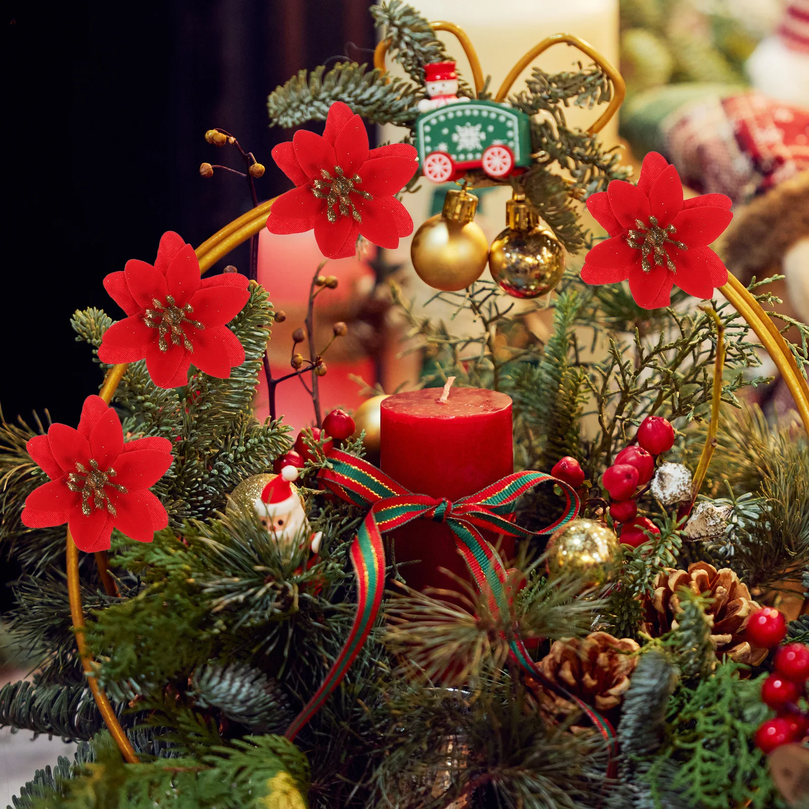 

10Pcs Christmas Flower Ring Accessories Artificial Xmas Flowers for Holiday Party Decorations Home Christmas Garland Decor