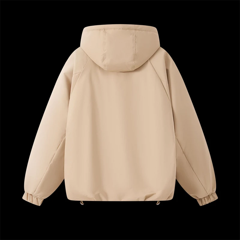 เสื้อแจ็คเก็ตพาร์กาแบบมีฮู้ดสำหรับผู้หญิง คอลเลคชั่นฤดูใบไม้ร่วง-ฤดูหนาว ปี 2025 สไตล์สปอร์ตแคชชวล บุด้วยผ้าฝ้ายหนานุ่ม สีพื้น มีเชือกผูกเอว สไตล์เกาหลี