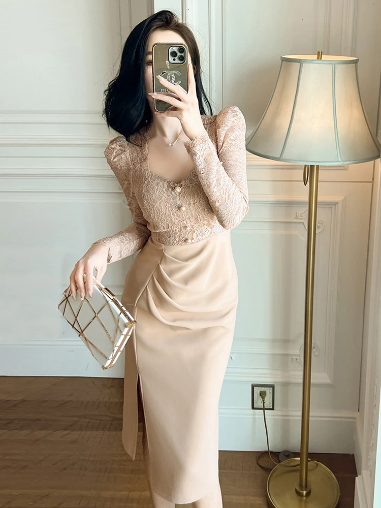 Nuovo Falso 2 Pezzi Abiti per Occasioni Formali Donna Mujer Donna Elegante Ufficio Colletto Quadrato Abito Sottile Abiti Robe Femme Moda