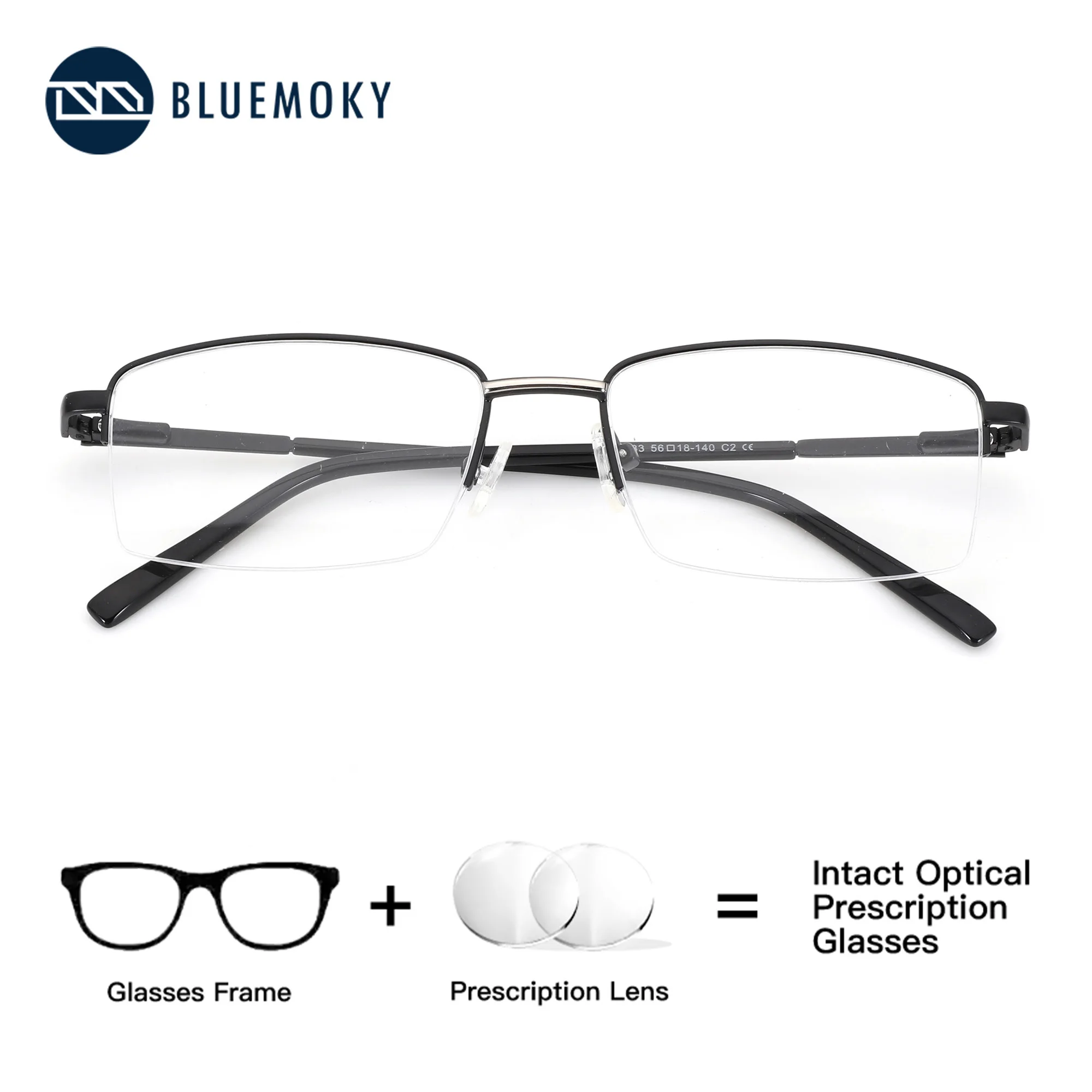 BLUEMOKY M Size Rectangle Half-Frame Prescription Glasses Metal Anti Blue Light Office Men's Optical Lenses With Custom Recipe