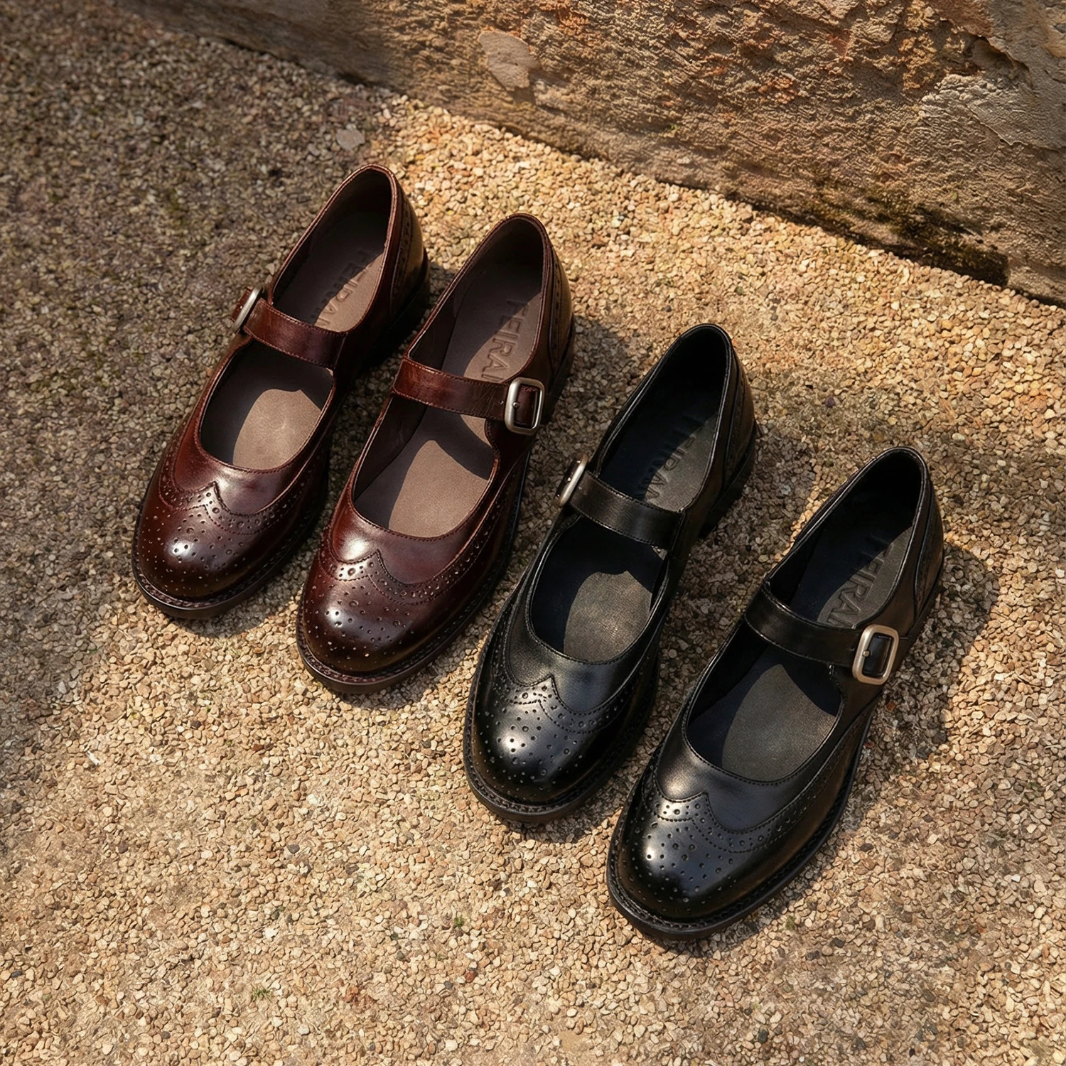 

Genuine Leather Vintage Brogue Mary Jane Flats Round Toe Single Buckle Soft Sole Flat Heel Brown Loafers for Women