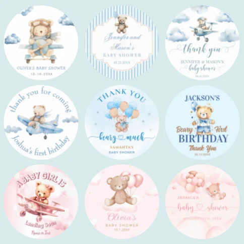 

Custom Bear Sticker Welcome Boy Girl Seal Label Personalized Name Text Print Gender Reveal Baby Shower Decor Birthday Party DIY