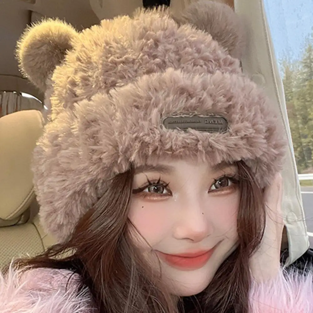 Y2K Plush Beanie Hat For Women Girls Cute Fuzzy Bear Ear Beanie Furry Slouchy Faux Fur Winter Hat Warm Soft Trendy Beanies Cap