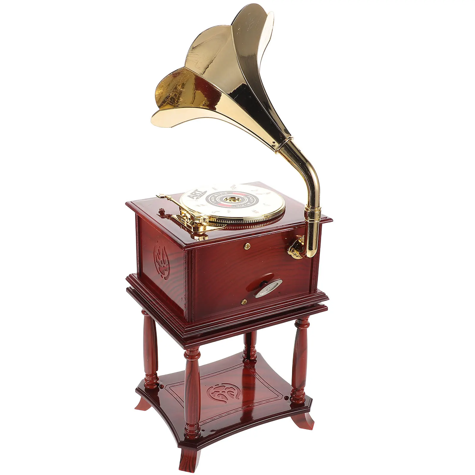 

Vintage Mini Gramophone Music Box Carved Retro Design Classic Music Player Elegant Table Decor Charming Style