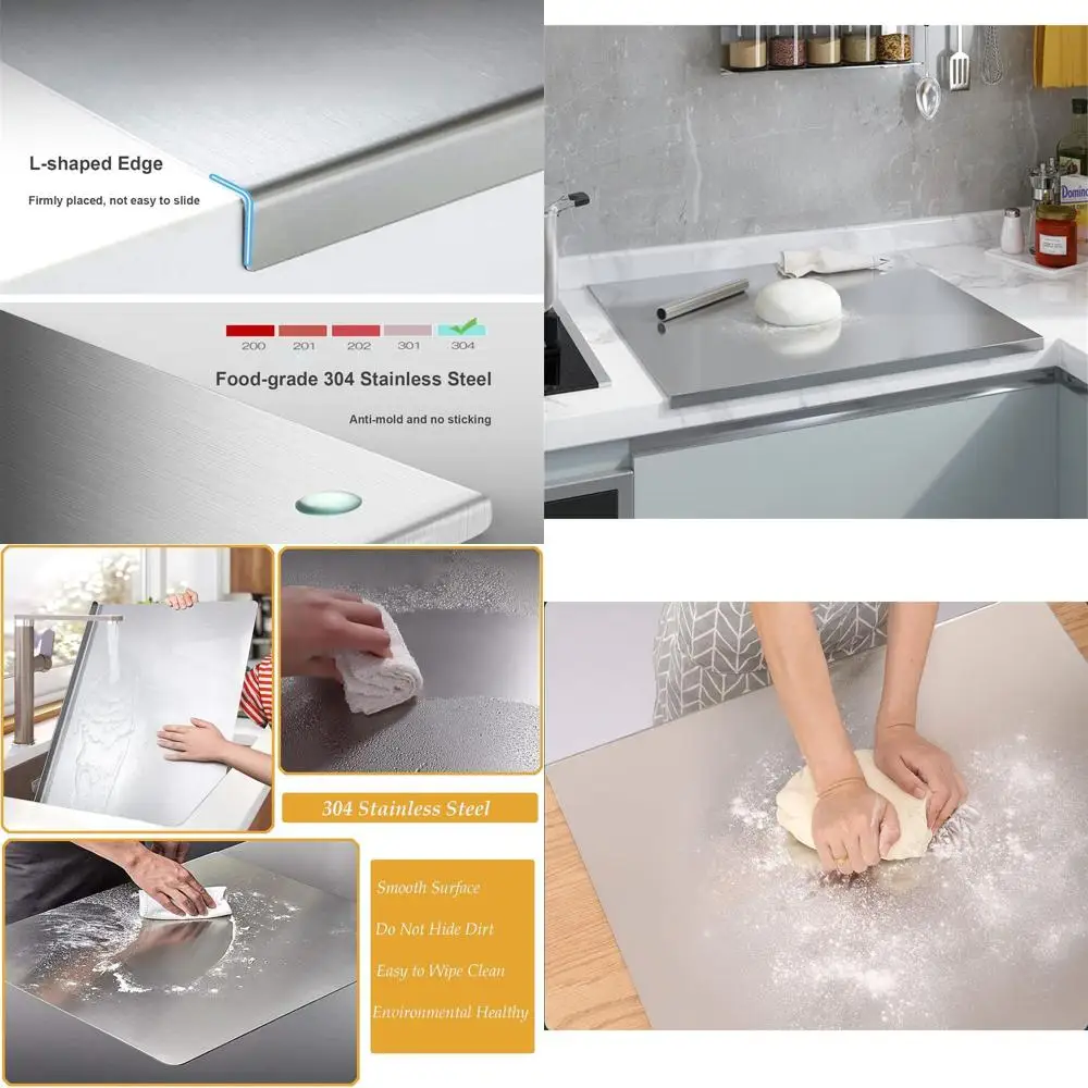 

Large Stainless Steel Chopping Board with Edge, 32x20 Rolling Pin Included, Perfect for Pastry, Kneading, and Noodle Making