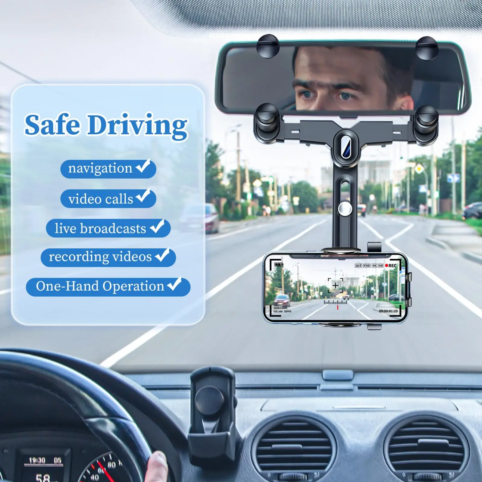 حامل هاتف مرآة الرؤية الخلفية للسيارة لهواتف 99%، ثابت وقابل للتعديل ومقاوم للاهتراء، مريح 360 درجة ° قابل للدوران وقابل للسحب