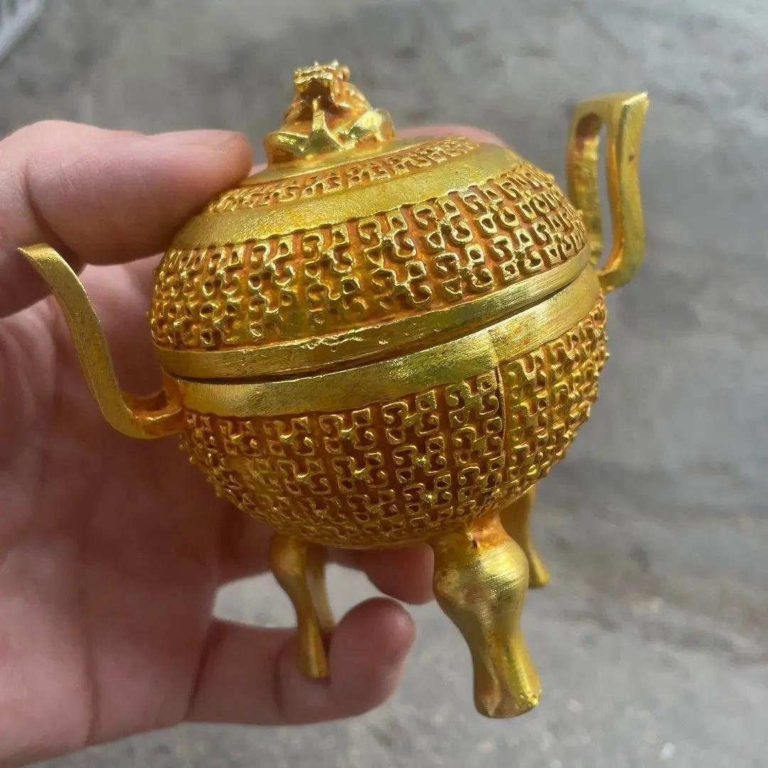 Gilt Double-eared dragon tripod incense burner Ornament Decoration Tea Pet Figurines Desk Decor Accessories